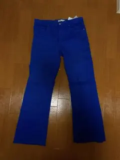 ZARA 青 デニムパンツ フリンジ裾