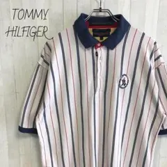 トミーヒルフィガー☆ゴルフ　刺繍ロゴ　半袖ポロシャツ　ストライプ　XL GOLF