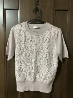 レースデザイン 半袖ニット Lサイズ ピンク