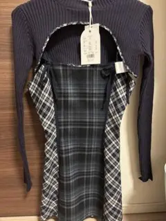 darichニットボレロダブルチェックミニワンピース ネイビー　free