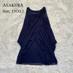 美品 アサクラ シフォン ドレス ワンピース 紺 13号 XL 結婚式 ローズのサムネイル
