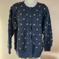 ネイビー ダイヤモンド模様 長袖カーディガン