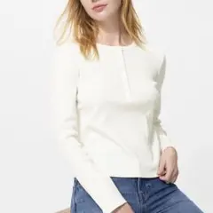 新品未使用 リブヘンリーネックT/長袖 OFF WHITE/M