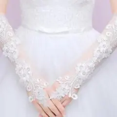 【大人気ミドル丈】ウエディンググローブ　フィンガーレス　レース　刺繍