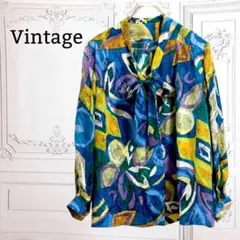 ブラウス/シャツ【F】ブルー系 ボウタイ マルチカラー 総柄 レトロ 大きい