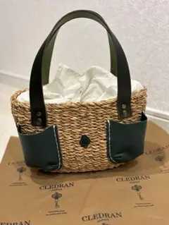 CLEDRAN 超美品 かごバッグ ストローXモスグリーンレザーのサムネイル