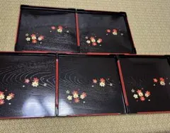 銘々膳、銘々盆5枚セット 花模様　21センチ角