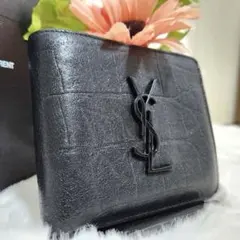 ✨極美品✨サンローラン　二つ折り　クロコ　レザー　ブラック　カサンドラ　YSL