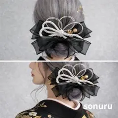 78✴︎卒業式髪飾り　成人式髪飾り　水引　黒リボン　和紐　ブライダル　和装袴　金箔