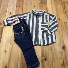 デニムパンツ ストライプシャツ セット