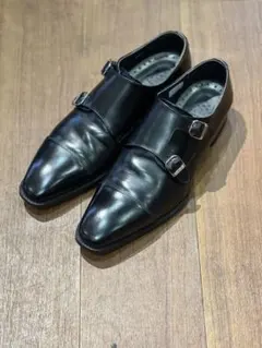 黒レザー ダブルモンクストラップシューズ 26cm
