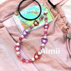 ビーズストラップ　ピンクハート