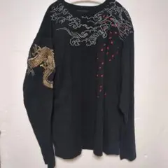 !絡繰魂！和柄 龍 刺繍 長袖カットソー ブラックのサムネイル