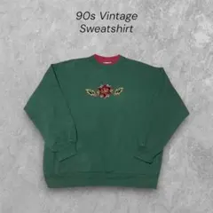 90sインポート古着　二重襟スウェット　クリスマス　胸デザイン刺繍　USL