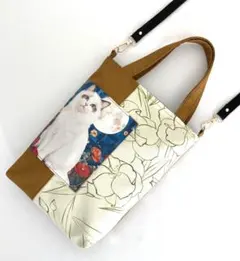 ハンドメイド 和布+猫 2wayバッグ 茶