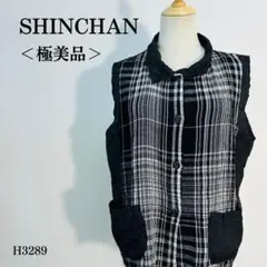 【極美品】シンチャン ベスト チェック柄切替 襟・ポケット付き M相当 黒×白
