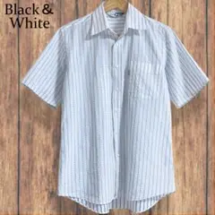 日本製 ■ Black＆White ストライプ 半袖シャツ L 白シャツ L