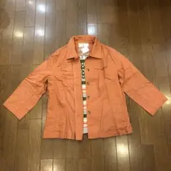 新品タグ付き　アンサンブル　麻混　リネン　オレンジジャケット　ストライプTシャツ