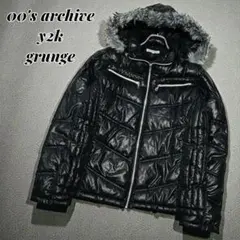 y2k 00s パファージャケット ライダース 黒 光沢 短丈 ファー 3way