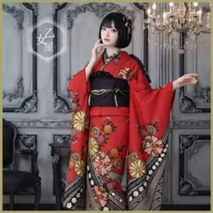 赤×黒/菊と桜、古典柄/金駒刺繍/リバーシブル袋帯/振袖フルセットm94 