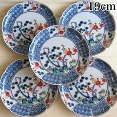 美濃焼　庫山窯　和皿揃　5枚セット　中皿　輪花皿　染付祥瑞　色鍋島　色絵　松菊