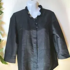 良品 紺色　藍色　七分袖　襟フリル　隠しボタン　ブラウス　和風シャツ