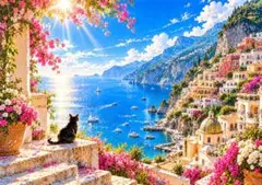 アートポスター 猫 アマルフィ海岸 風景画 インテリア