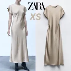 ZARA サテン クレープ ミディワンピース ブラウン/モール XS