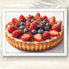 A4 フルーツとチョコが彩るベリーの贅沢タルト水彩画アート インテリアポスター