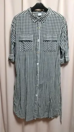 チェック柄シャツワンピース 半袖 ウエストリボン付き