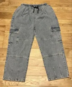 メンズ ルーズフィットワイドカーゴ デニム M〜Lサイズ相当 ウエストゴム紐