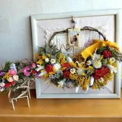 ドライフラワー＆グリーンとミモザ春色カラーのハーフリース