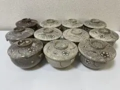 【現状品】唐津焼 耳付 蓋付椀 11客セット 陶器 花柄 和食器 割烹 懐石