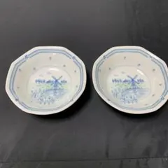 風車と花柄の八角形皿 2枚セット