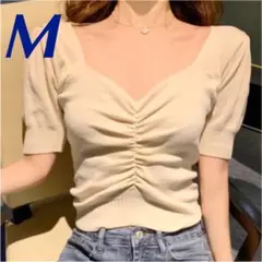 レディース 半袖 ギャザー ニット ベージュ 韓国 トップス