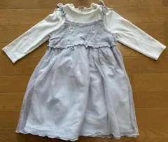 petit mainプティマイン　チュールワンピース　重ね着風(白×水色)110