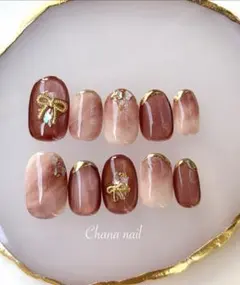 レッドブラウン ニュアンス リボン マグネットネイル　サイズオーダーネイルチップ