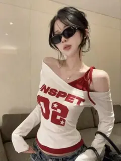 オフショルダー 長袖 トップス レッド ホワイト SHEIN