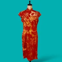 ◎オレンジの艶チャイナ♡透け感×大輪フラワーのゴージャスドレス ビンテージ