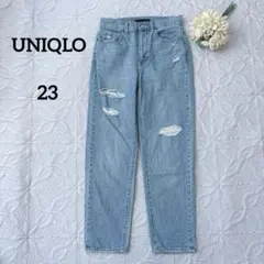 UNIQLO スラウチテーパードアンクルジーンズ　ダメージ加工　ライトブルー