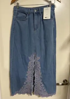 シーイン♪MOTF♪刺繍とボタンが可愛い カットワークデニムロングスカート♪新品