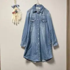 【Right On】デニム シャツ 長袖 ボタン ポケット付き　M