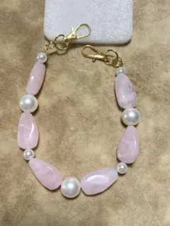 ハンドストラップ8mm・14mmパール×ピンクビーズ金具ゴールド