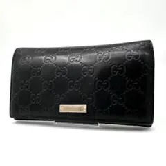 グッチ シマ 長財布 二つ折り財布 GG柄 ロゴプレート レザー ブラック