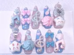 ネイルチップ ピンク 水色 量産型 ゆめかわ 平成女児 ゴテゴテ