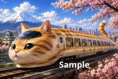 猫 新幹線 桜 デジタルアート イラスト ポストカード