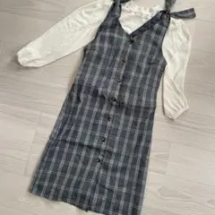 クリア　肩リボン　チェック　ジャンパースカート