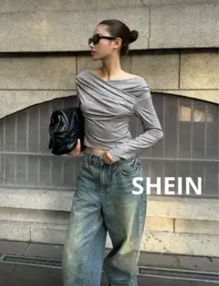 SHEIN グレー クロス オフショルダー トップス カットソー ロンT