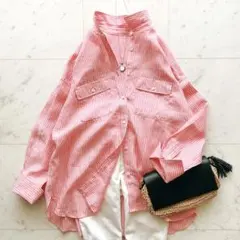 極美品 アンタイトル リネンストライプ レギュラーシャツ 長袖 ゆったり 赤