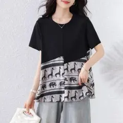 Tシャツ シンプル おしゃれ度高め プリント 切り替 ラウンドネック 人気新作